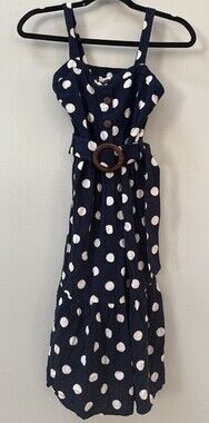 Monteau Los Angeles Navy Polka Dot Belted Linen Dress Womens Medium Spring